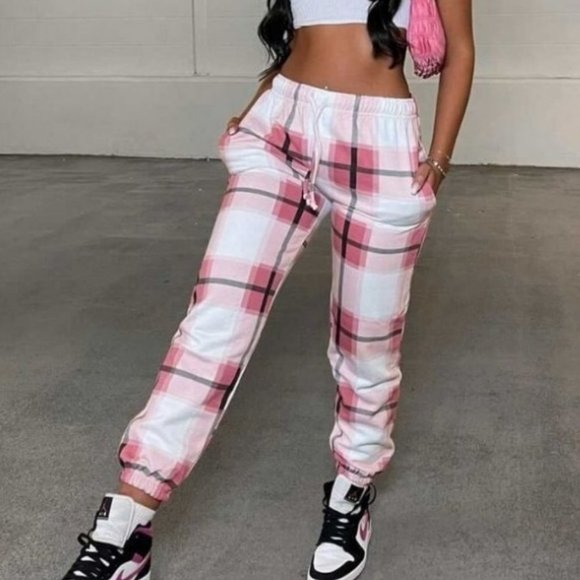 Pants - Pink Plaid Check High Waist Loose Fit Joggers Jogger Pants